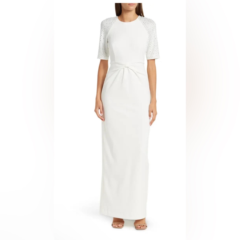 Calvin Klein White Gown Embellished Sleeve Exquisite Long Dress Size 6 Nwt